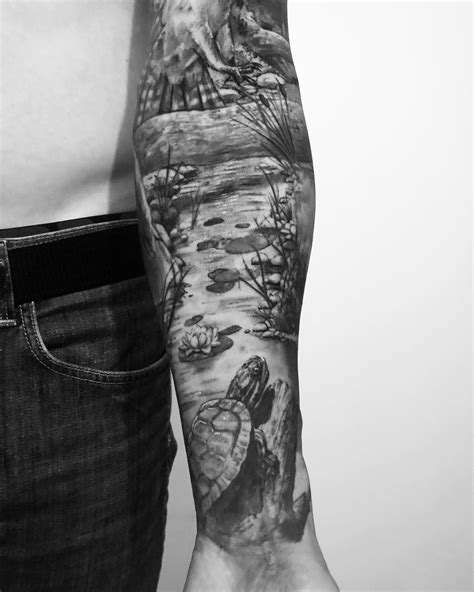 brook stream pond turtle sleeve tattoo sleeve tattoos tattoos alligator tattoo