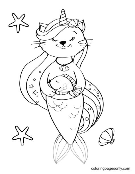 mermaid cat unicorn coloring page  printable coloring pages
