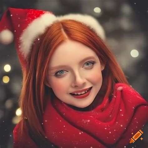 festive redhead girl enjoying snowy christmas night