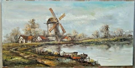 Dutch Netherlands Windmill Very Old Original Oil