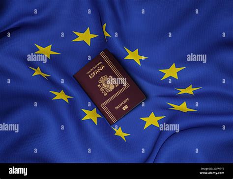 spanish passport   european union flag   center   photo top view stock photo