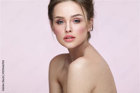 Beauty Woman Face Beautiful Sexy Female With Makeup Hairstyle Stock