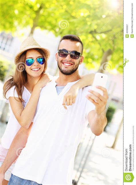 Romantic Couple Taking Selfie In The Park Stock Image Image Of Girl
