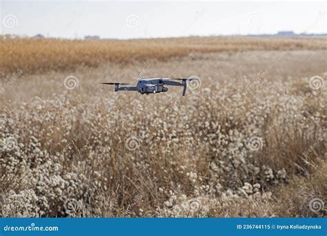 drone   digital camera flies   yellow field modern unmanned technology stock image