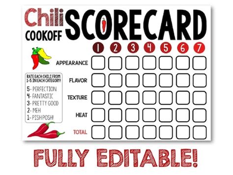 chili cookoff score cards fully editable etsy