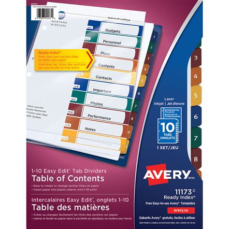 avery  ready index easy edit table  contents dividers multi coloured tabs numbered