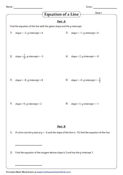 slope intercept form  equation    worksheets