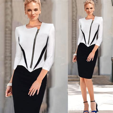 2018 ladies elegant long sleeve black and white dress