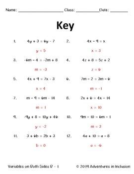 solving equations worksheets variables   sides level  tpt