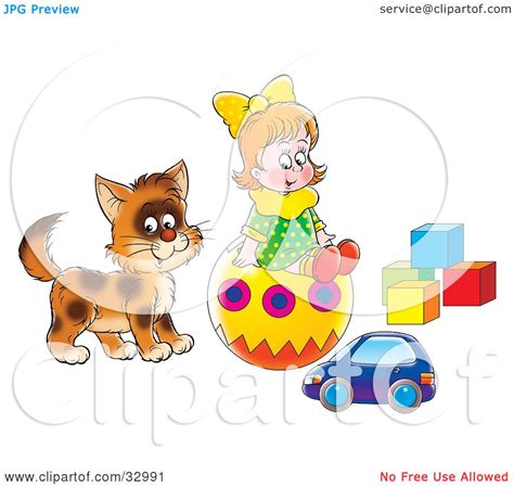 clipart illustration    girl  cat playing   toy car