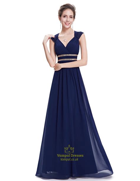 Navy Blue Chiffon Bridesmaid Dresses With Cap Sleeve And