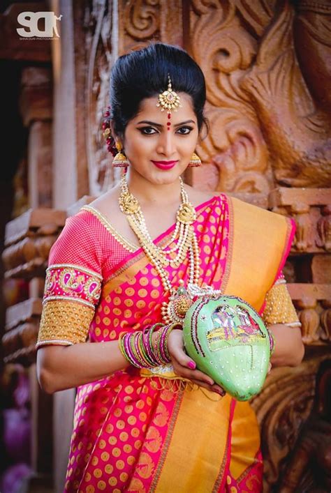 South Indian Bride Kanchipuram Silk Sari Temple Jewelry