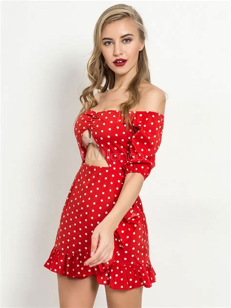 red summer dress off the shoulder sundress cut out ruffles polka dot mini dress