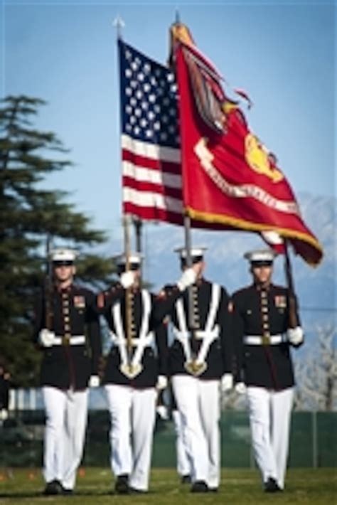 The U S Marine Corps Color Guard Marches During Pass In Review