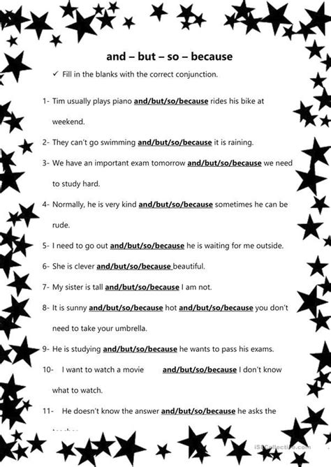 conjunctions worksheet  esl printable worksheets   teachers