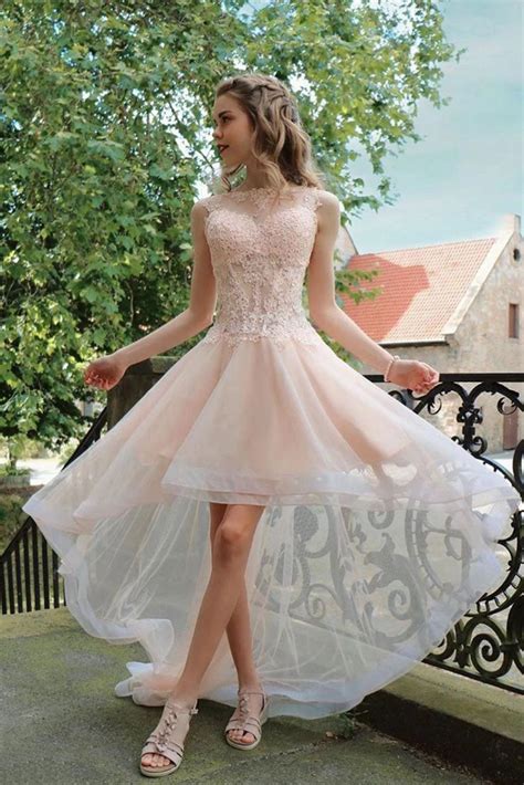 light pink high low sleeveless tulle prom dress with lace cute hi lo