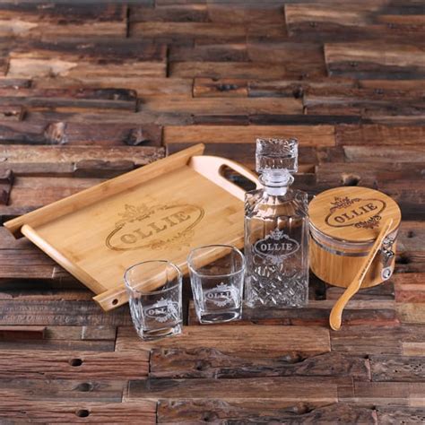 personalized whiskey decanter set with ice bucket with