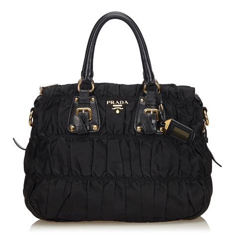 prada vintage gathered nylon satchel bag black leather handbag
