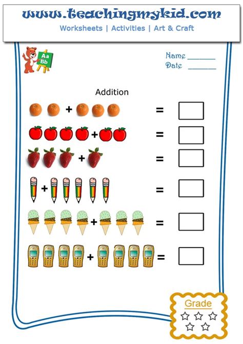 printable kindergarten worksheets pictorial addition sheet