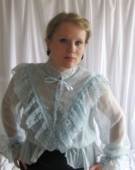 Victorian Style Pale Blue Chiffon And Lace Ruffled Blouse Front A Photo