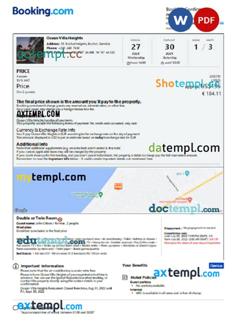 gambia hotel booking confirmation word   template  pages
