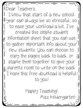 student information sheet editable freebie   kindergarten love