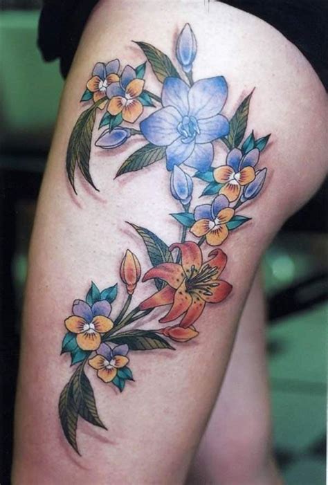 Beautiful Colorful Flower Tattoo For Girls On Thigh Tattooimages