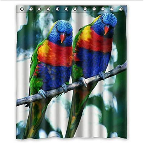 greendecor colorful parrot art cute bird waterproof shower curtain set  hooks bathroom