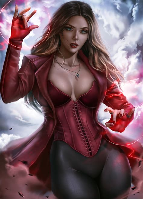 scarlet witch women brunette long hair   viewer cleavage