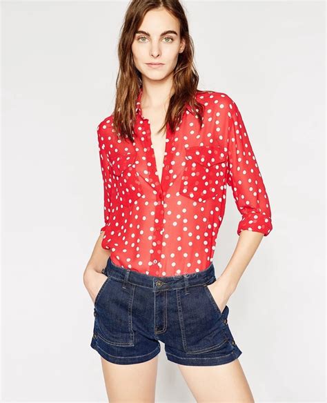 women red polka dot print shirt double pocket long sleeve blouse top in