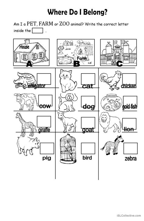 pet farm  zoowild animals english esl worksheets