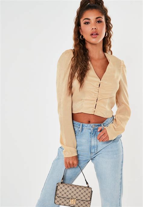 Tall Beige Hammered Satin Button Front Blouse Missguided