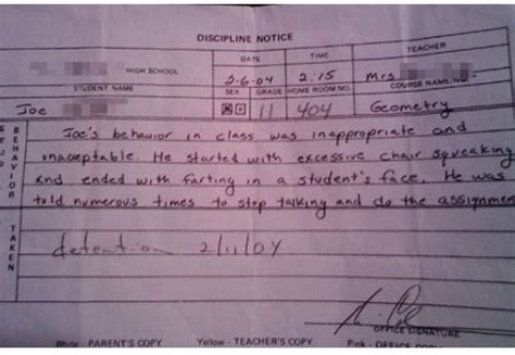 fart on cue 12 funniest detention slips ever