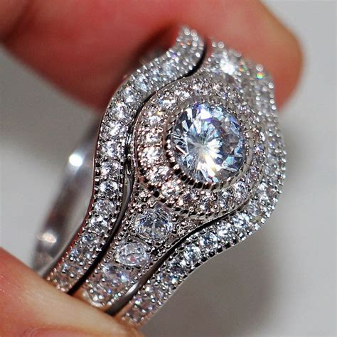 3pcs Set Luxury Crystal Rhinestone Wedding Rings Sets Jewelry Bridal