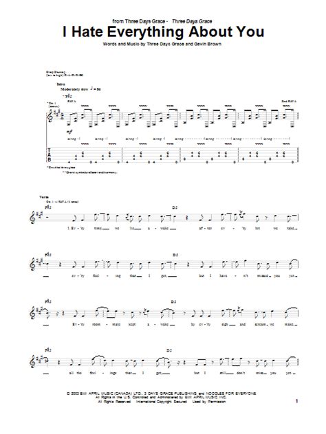 i hate everything about you guitar tab by three days grace guitar tab