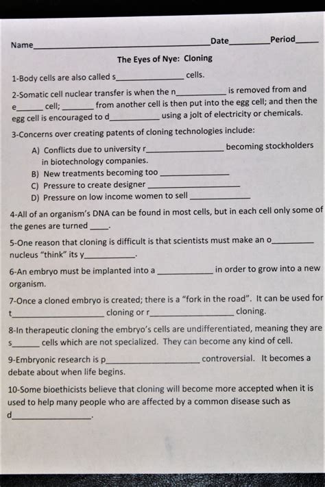 Cloning-Bill Nye Video Worksheet