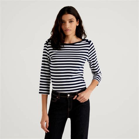 Striped 3 4 Sleeve T Shirt In Pure Cotton