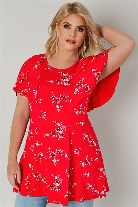 red floral print peplum top with frill angel sleeves plus size 16 to 36