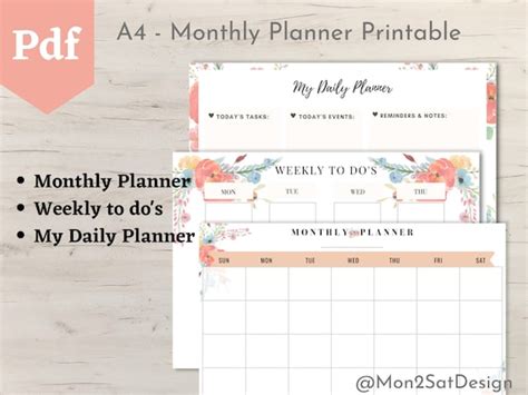 printable monthly calendar planner weekly planner daily etsy