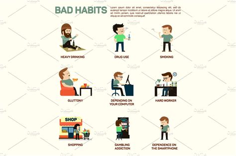 infographic of popular bad habits icons ~ creative market