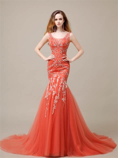 2016 Long Mermaid Coral Tulle Gorgeous Beading Lace Up