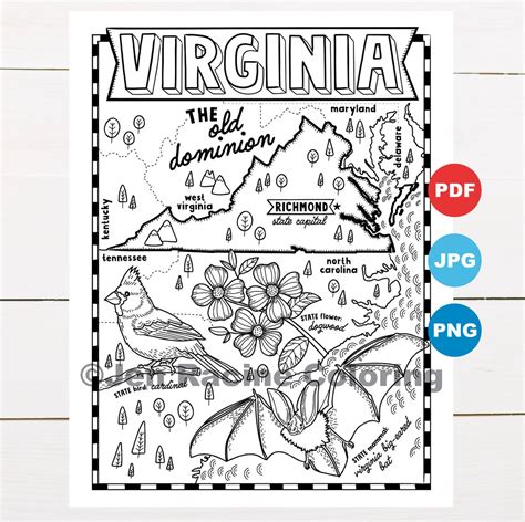 virginia coloring page united states state map wildlife etsy
