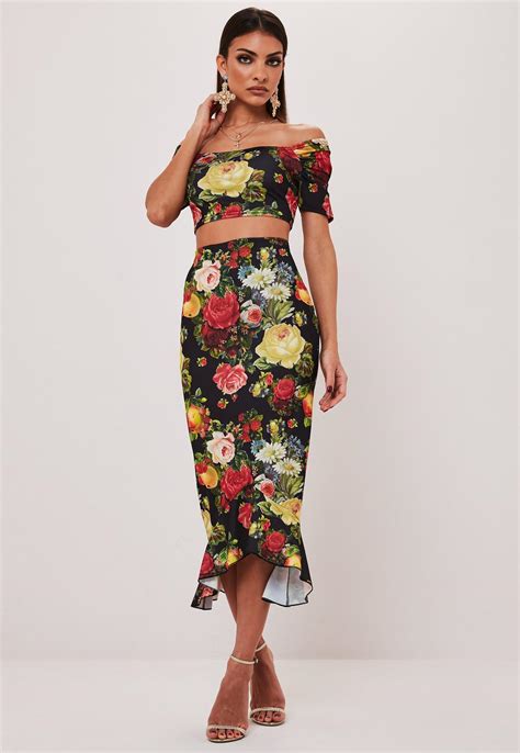 Black Floral Print Bardot Crop Top And Midi Skirt Co Ord