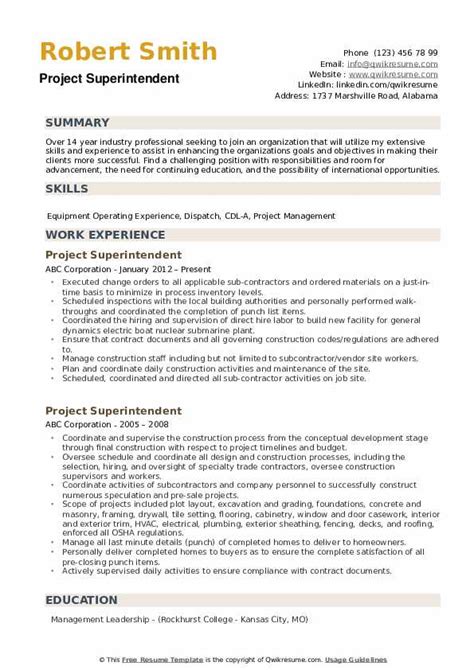 project superintendent resume samples qwikresume