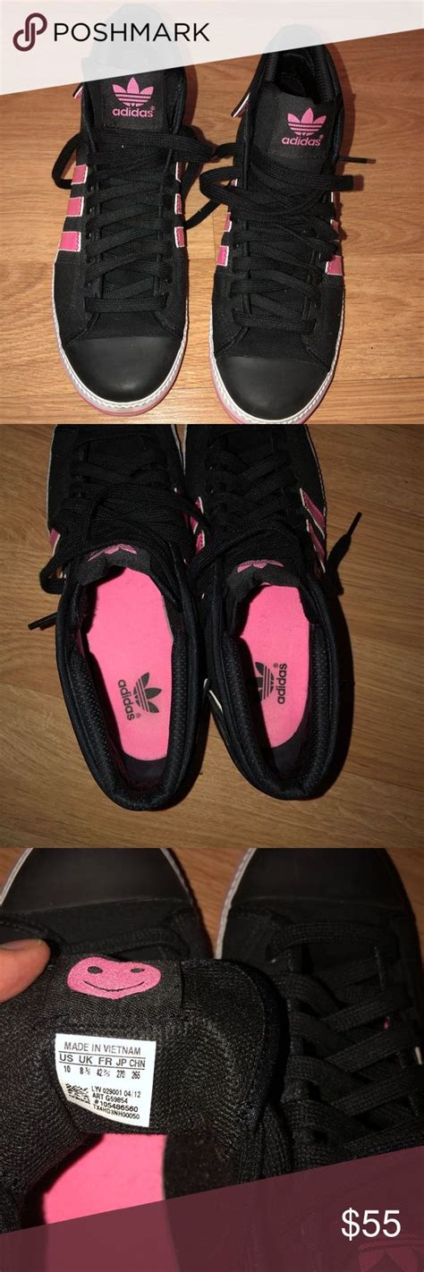 adidas midtop black  pink stripes shell tops pink stripes shoes sneakers adidas shell tops