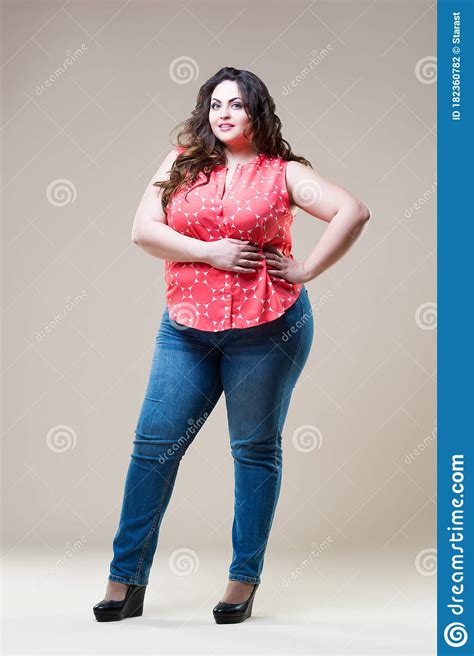 happy plus size fashion model in casual clothes cheerful fat woman on