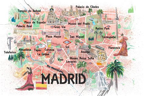 madrid spain illustrated travel map  roads landmarks  etsy uk