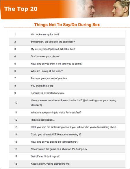 offers the top 20 things not to say during sex gear diary