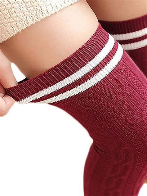 musuos new women knit cotton over the knee long socks striped thigh