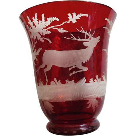 Bohemian Glass Stag Deer Vase Ruby Red Hand Etched Vintage From